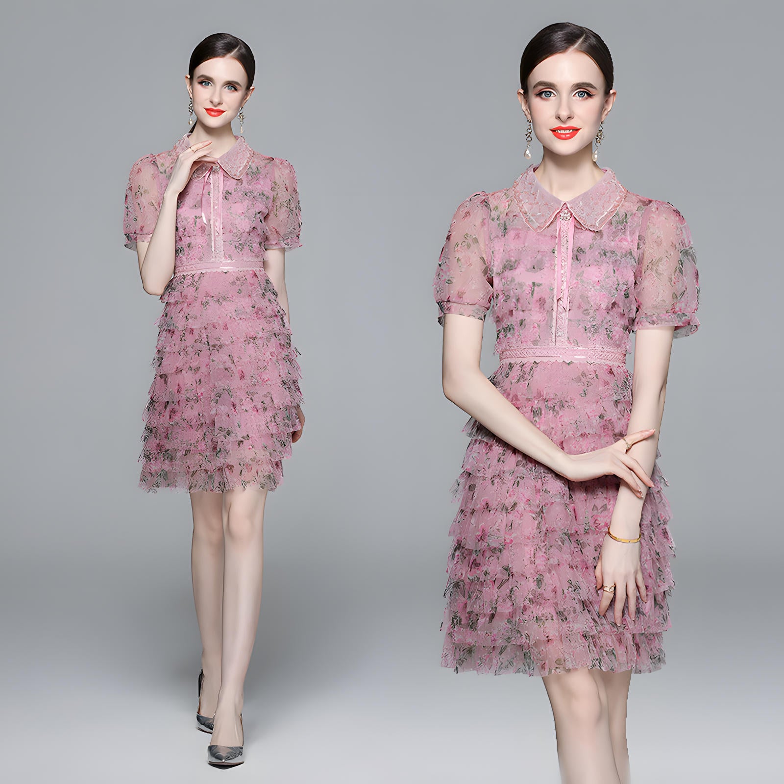 Pearl Beaded Doll Collar Multitier Ruffled Mesh Skirt Rose Red Short Dress - 714108182586_BAS
